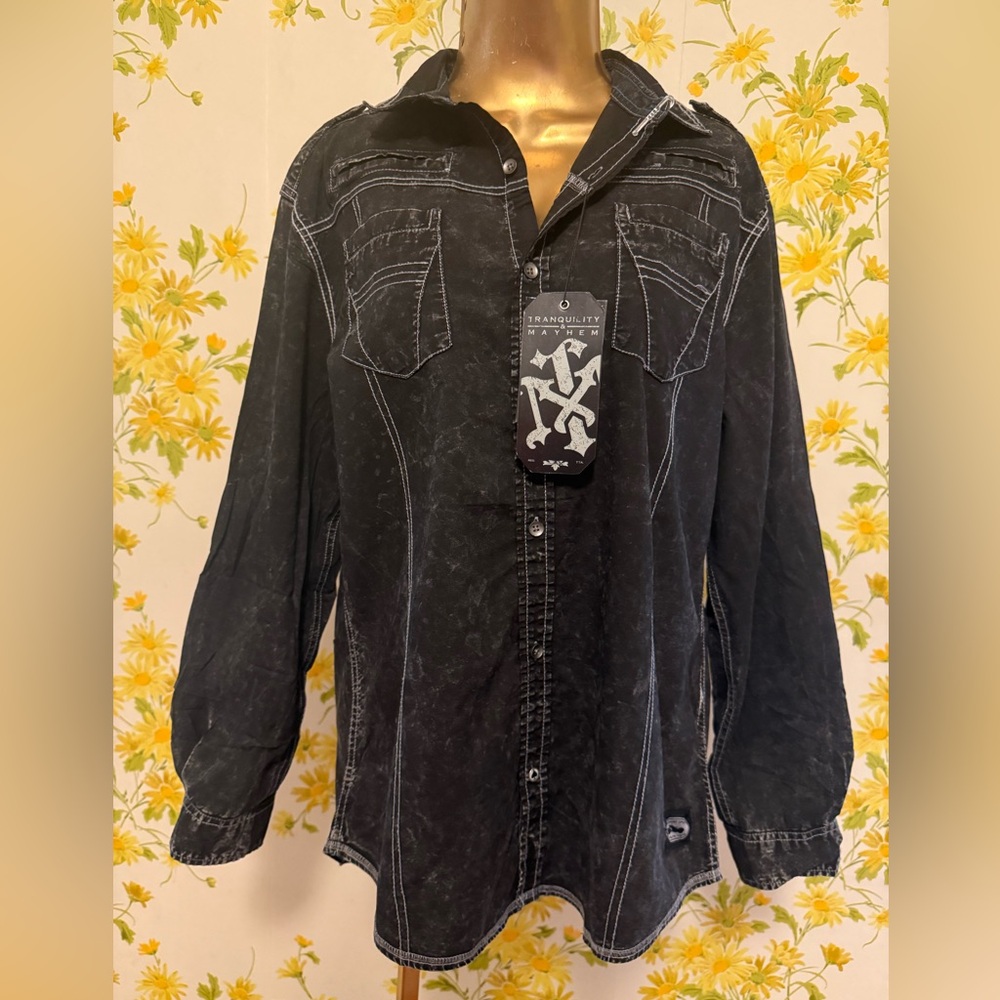 Tranquility mayhem long sleeve Black Casual Button up Shirt with slim Fit size M
